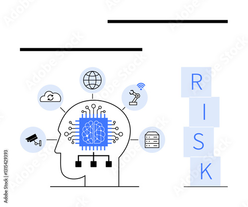 Human head outline with AI chip, cloud, network, robotics, CCTV, and server icons. Ideal for AI, risk analysis, cybersecurity automation data processes decision-making abstract line flat metaphor