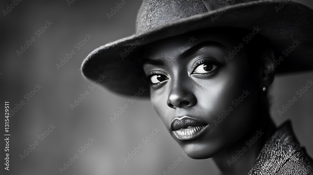Monochrome portrait of a young woman wearing a fedora, looking intently at the camera. Monochrome portrait of a young woman wearing a fedora, looking intently at the camera.