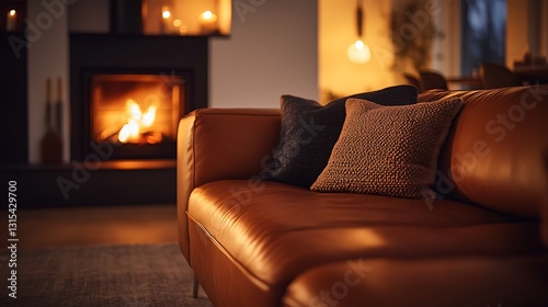 Cozy leather couch in front of a fireplace at night.