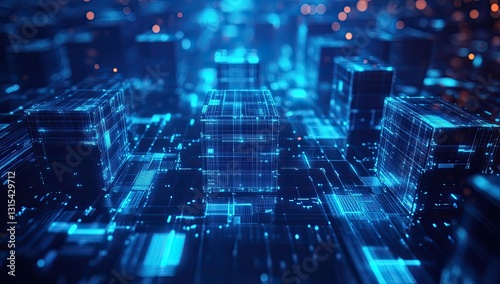 Futuristic city, digital cubes, glowing network