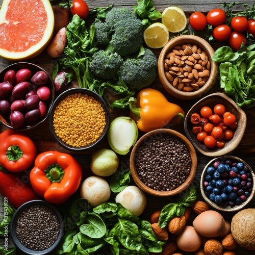Fresh vegetables, fruits, and nuts arranged on a wooden surface showcasing healthy food choices