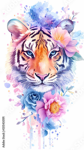 Watercolor tiger portrait with floral accents in pink, blue, and purple hues