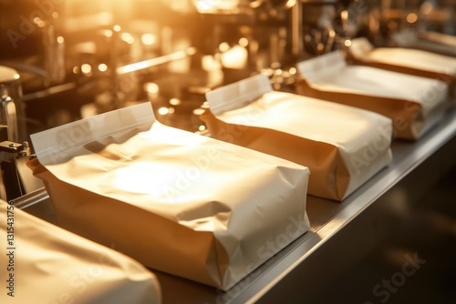 Close-up of Kraft Paper Pouches on Conveyor Belt in Factory