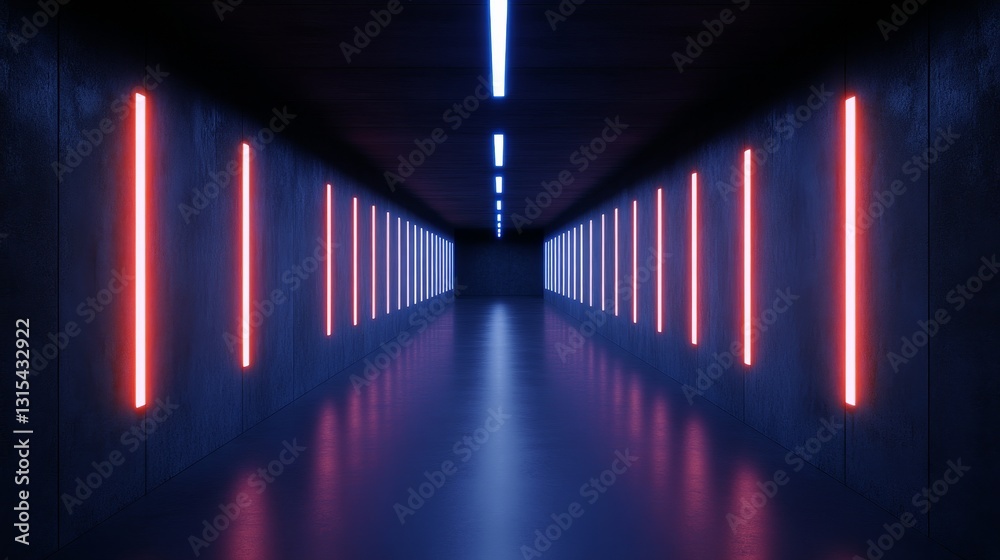 Fototapeta premium Futuristic corridor illuminated by vibrant red and blue light, showcasing sleek design elements