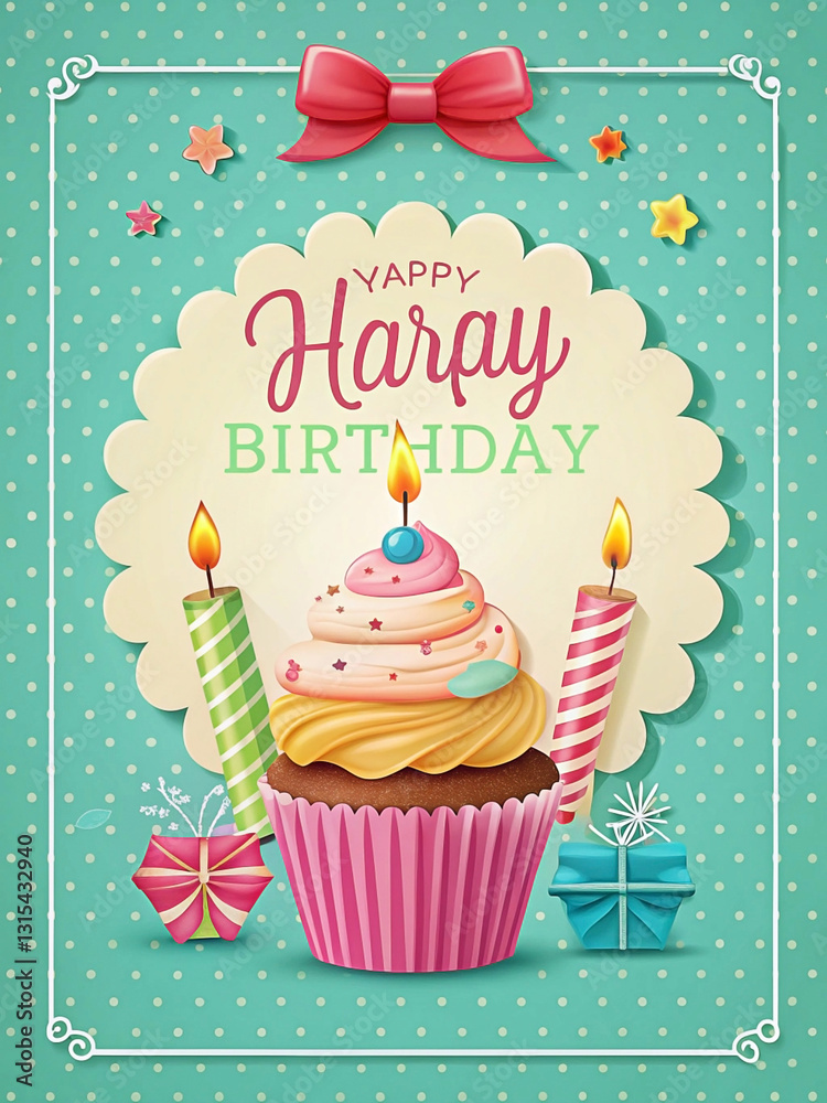 Happy birthday cupcake card with gifts and candles. Happy birthday cupcake card with gifts and candles.