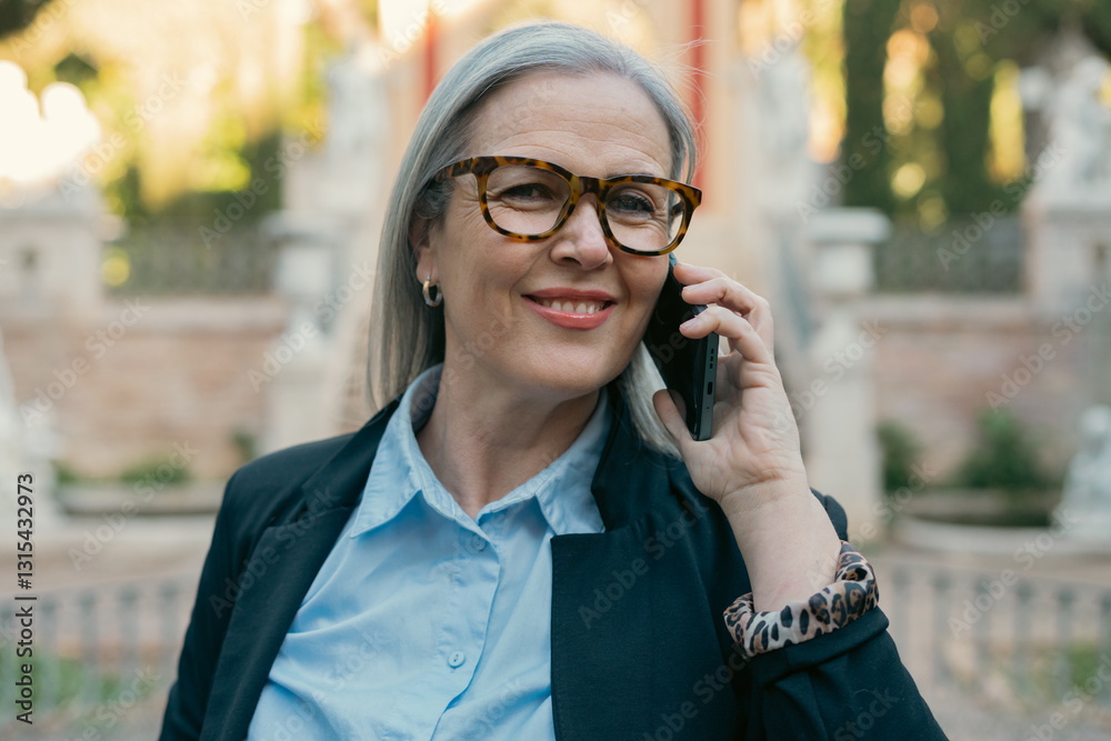 Smiling businesswoman talking on smartphone in urban park Smiling businesswoman talking on smartphone in urban park