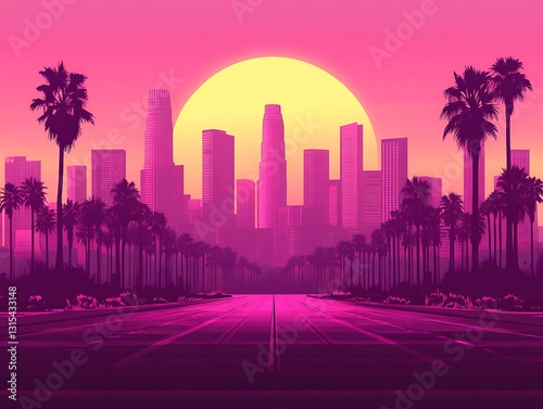 Sunset Cityscape, Palm-lined Road
