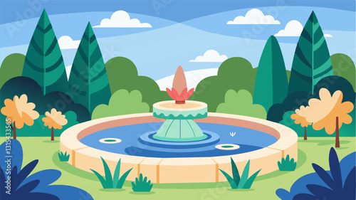 The serene water feature in the center of the garden provided a relaxing backdrop for a workshop on how to create your own DIY water garden.. Vector illustration