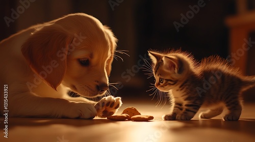 Wallpaper Mural Golden retriever puppy and tabby kitten sharing treats in low light. Torontodigital.ca
