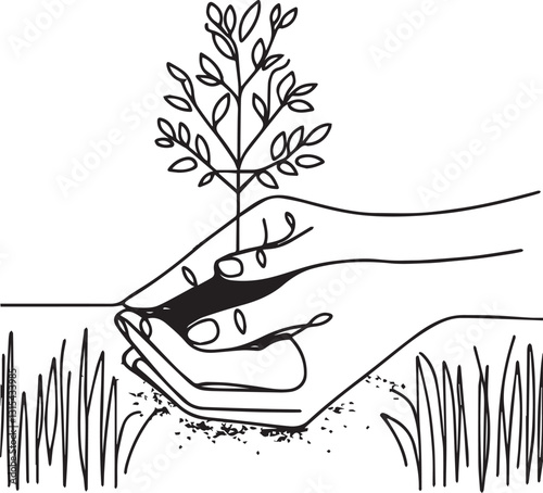 Single continuous line drawing hands of the farmer are planting the seedlings into the soil. Hand holding tree on nature field grass. Agriculture ecology concept. One line draw graphic design vector (