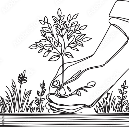 Single continuous line drawing hands of the farmer are planting the seedlings into the soil. Hand holding tree on nature field grass. Agriculture ecology concept. One line draw graphic design vector (