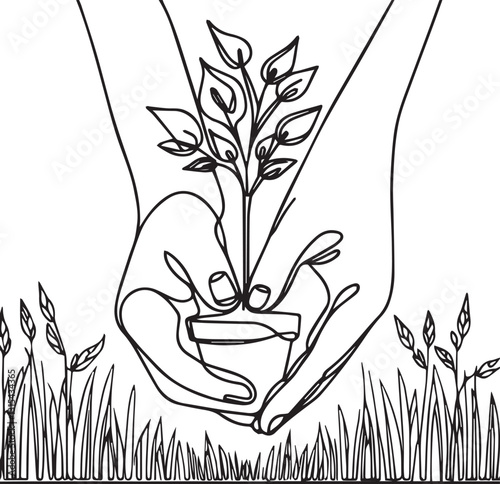 Single continuous line drawing hands of the farmer are planting the seedlings into the soil. Hand holding tree on nature field grass. Agriculture ecology concept. One line draw graphic design vector (