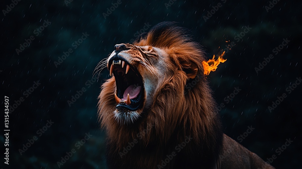 Naklejka premium Roaring lion with fire mane in rain.