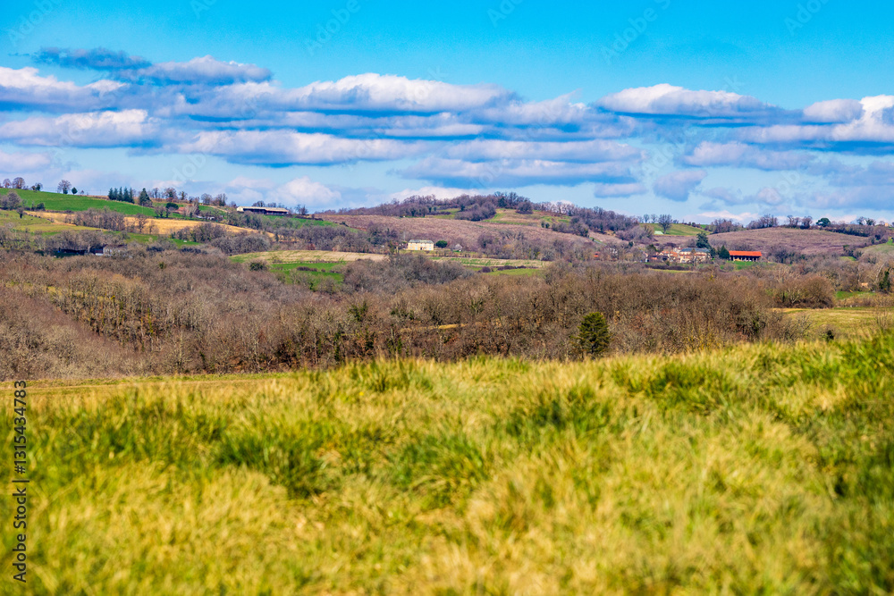 Hilly landscape of the Ségala mountains around Monestiés, dotted with small farms Hilly landscape of the Ségala mountains around Monestiés, dotted with small farms