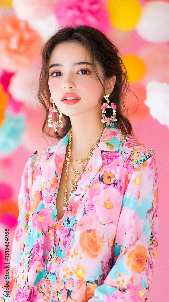 Woman in floral shirt with decorative background Woman in floral shirt with decorative background
