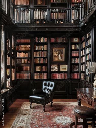 An opulent black library contains many bookshelves and furniture pieces photo