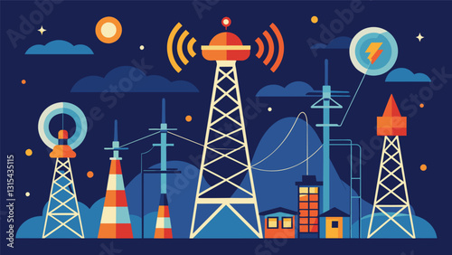 The rhythmic hum of machinery and the flickering lights of telecommunication towers working tirelessly to maintain millions of connections.. Vector illustration