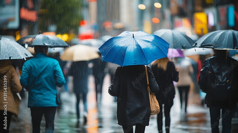 Obraz premium Rainy day city street scene, people with umbrellas walking.