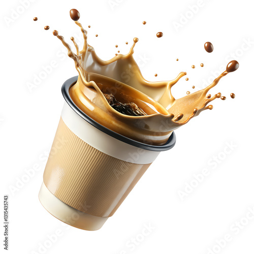 Coffee cup with splash of hot coffee isolated on transparent background, realistic PNG illustration for design and advertisement