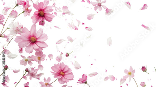 Pink cosmos flowers and petals falling on transparent background