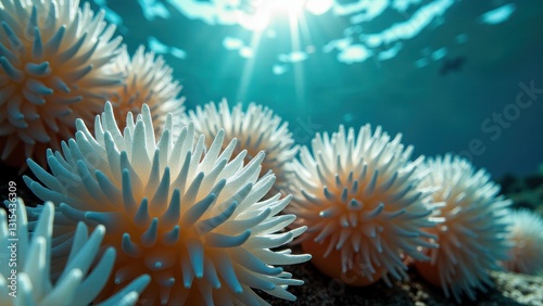 Close-up of bleached coral polyps underwater showing effects of ocean warming	