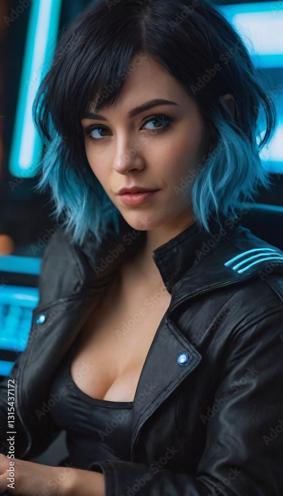 Naklejka premium Futuristic Cyberpunk Hacker Woman with Striking Blue Hair Navigating Neon-Lit Digital Realms in a Dystopian Cityscape