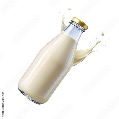 Milk bottle with splash isolated on transparent background, PNG format