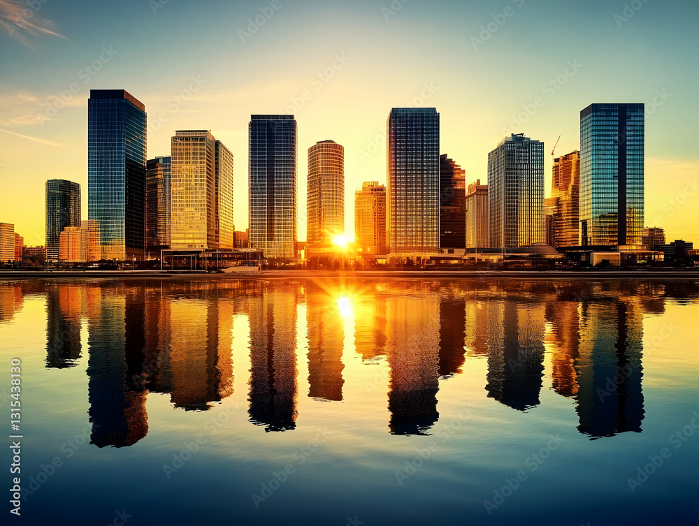 Obraz premium City Skyline Sunset Reflection
