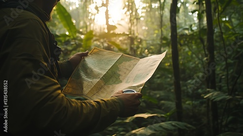 Fototapeta Naklejka Na Ścianę i Meble -  Person navigating jungle with map and compass at sunrise.