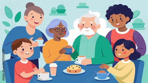 Time stands still in the community center as elders and children bond over tea and cookies while sharing personal stories and memories.. Vector illustration