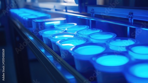 Wallpaper Mural Conveyor Belt with Illuminated Containers of Blue Liquid, Close-up Shot Torontodigital.ca