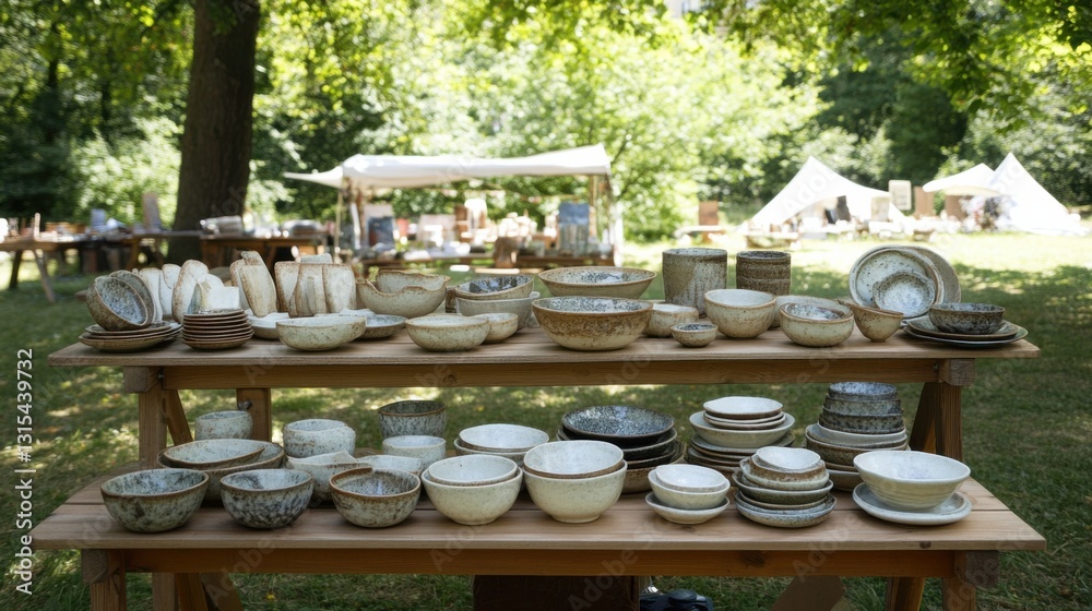 Fototapeta premium Rustic Ceramic Dish Display at Outdoor Market in Lush Green Setting