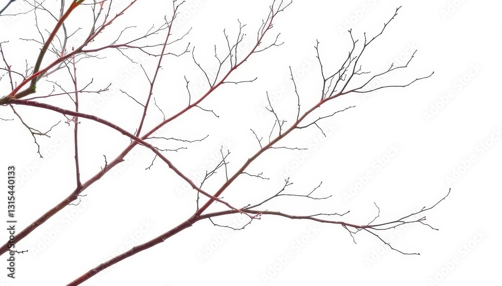 Intricate bare branches, stark against a pure white backdrop, shape, crisp