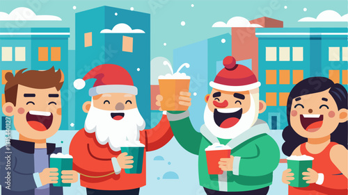 Cheers and laughter echoed through the streets as a friendly game of Secret Santa brought smiles to everyones faces.. Vector illustration