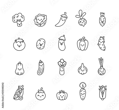 Cute kawaii vegetable character set with happy and smiling faces, perfect for healthy eating, farm market, organic food, fresh salad, cooking, and seasonal harvest illustrations