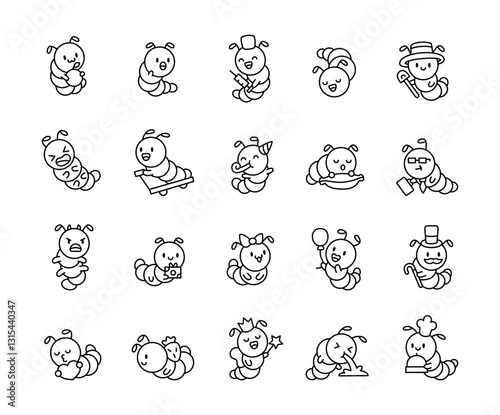 Adorable caterpillar set featuring various emotions, accessories, and activities in a charming kawaii cartoon style, including birthday, business, magic, and daily life moments for yours projects