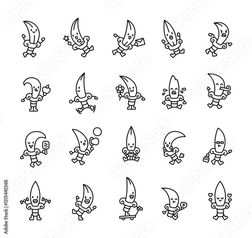 Adorable set of dagger knife characters showing different emotions, holding various objects, and performing multiple activities in a cute kawaii cartoon style for creative projects