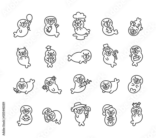 Adorable set of cute kawaii seal characters with different emotions, fun accessories, funny poses, and playful expressions in a delightful marine cartoon style for creative projects