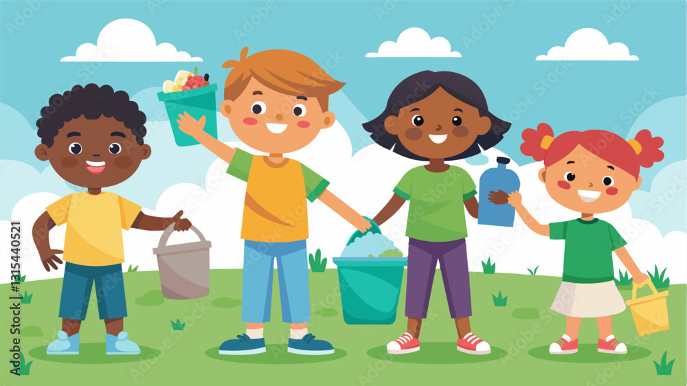Children eagerly joined in on the competition proudly showing off their impressive collection of litter and learning about the importance of keeping their neighborhood clean.. Vector illustration Children eagerly joined in on the competition proudly showing off their impressive collection of litter and learning about the importance of keeping their neighborhood clean.. Vector illustration