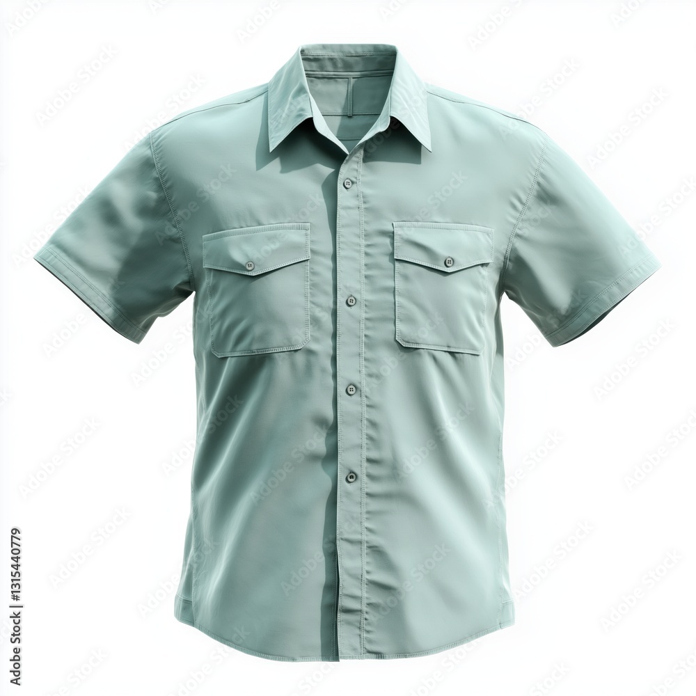 green, short-sleeved, button-down shirt, with visible texture and detail, and simple, classic button-down collar and chest pockets green, short-sleeved, button-down shirt, with visible texture and detail, and simple, classic button-down collar and chest pockets