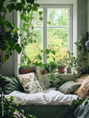 A sunny window seat surrounded by lush greenery indoors