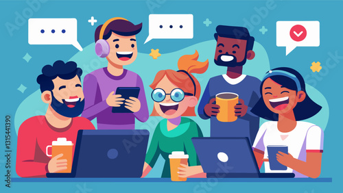 The team taking a break to playtest their game laughing as they navigate through their virtual world and encounter humorous glitches.. Vector illustration