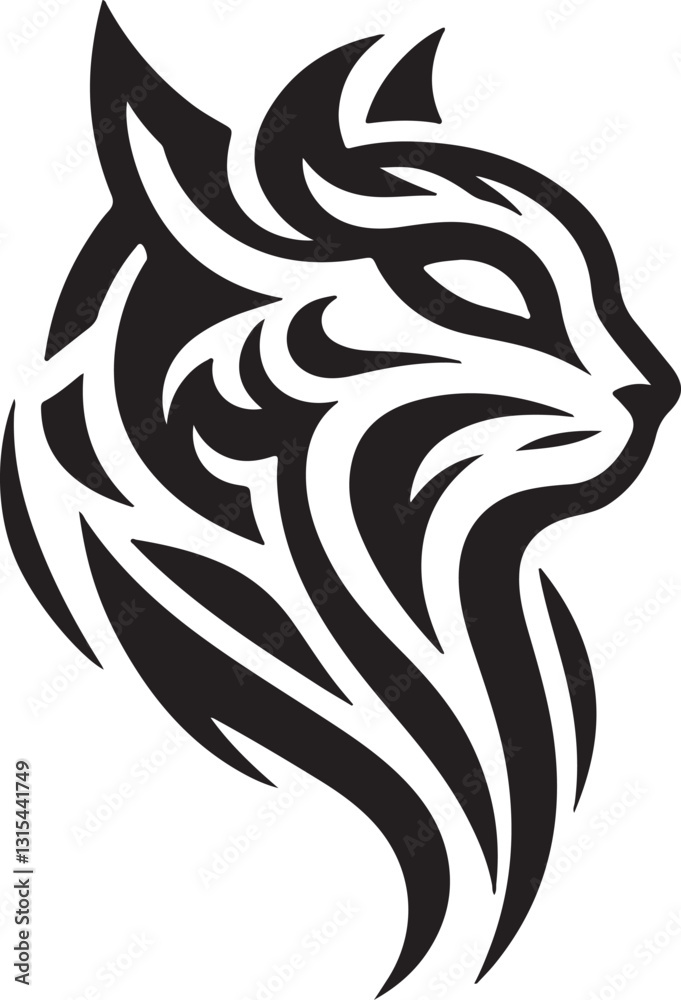 Naklejka premium Bold Tribal-Style Cat Head Logo Vector in Black and White