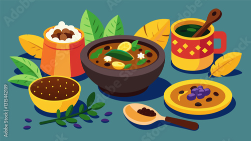 Traditional Brazilian dishes such as feijoada a hearty black bean stew and farofa toasted cassava flour are also available adding to the cultural experience.. Vector illustration