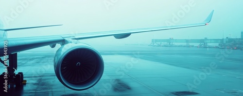 Aircraft wing and engine on the tarmac during inclement weather conditions