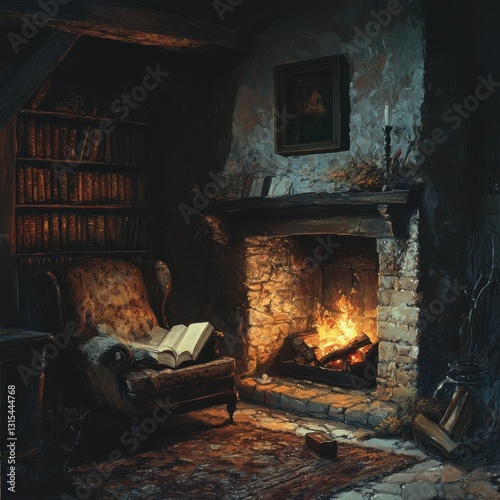 A cozy reading nook with a fireplace and open book photo