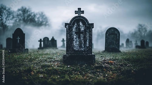 Foggy graveyard with old weathered gravestones and crosses.