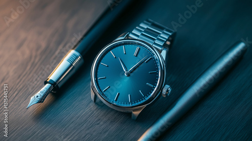 Wallpaper Mural Elegante Armbanduhr mit blauem Zifferblatt und Füllfederhalter auf Holzoberfläche
 Torontodigital.ca