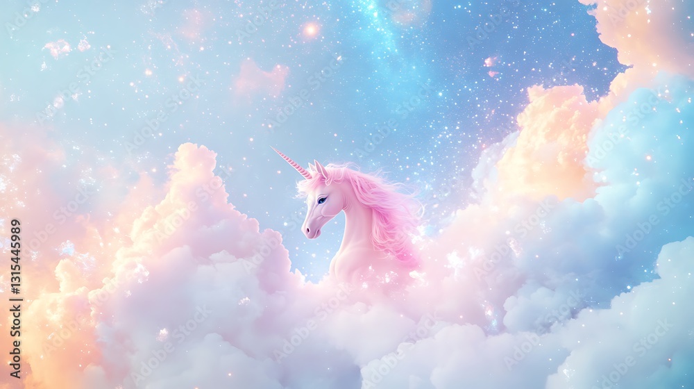 Obraz premium Pink unicorn in pastel clouds and starry sky.
