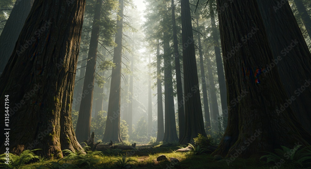 Fototapeta premium Exploring Tall Redwood Trees in a Mystical Forest with Sunlight